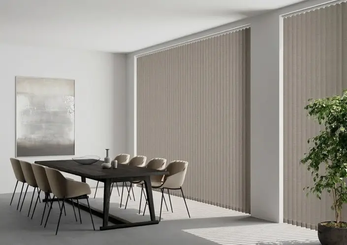 Contemporary floor to ceiling vertical blinds in a neutral tone fitted in a spacious dining area by Star Blinds Hull. Contemporary floor to ceiling vertical blinds in a neutral tone fitted in a spacious dining area by Star Blinds Hull.