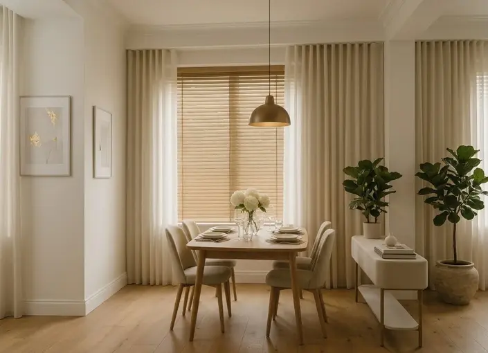 Made to measure faux wood Venetian blinds with cream curtains in a modern Hull dining room layout. Made to measure faux wood Venetian blinds with cream curtains in a modern Hull dining room layout.