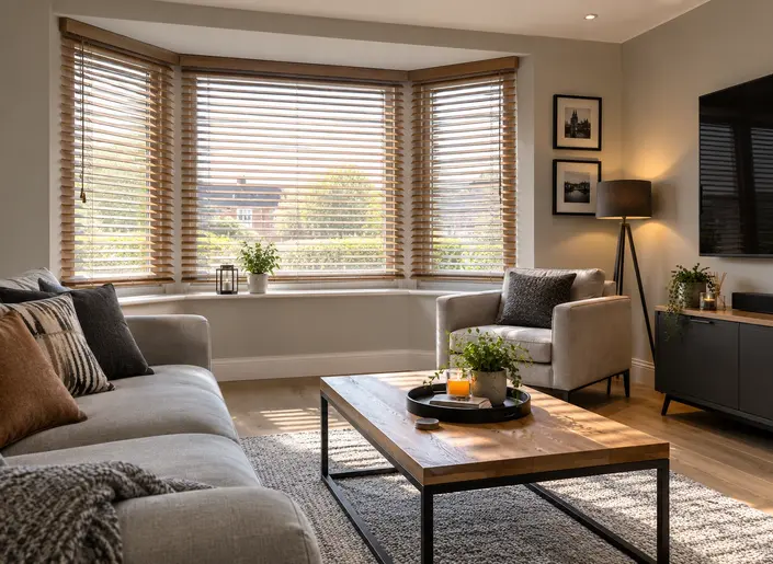 Wood Venetian Blinds in Living Room